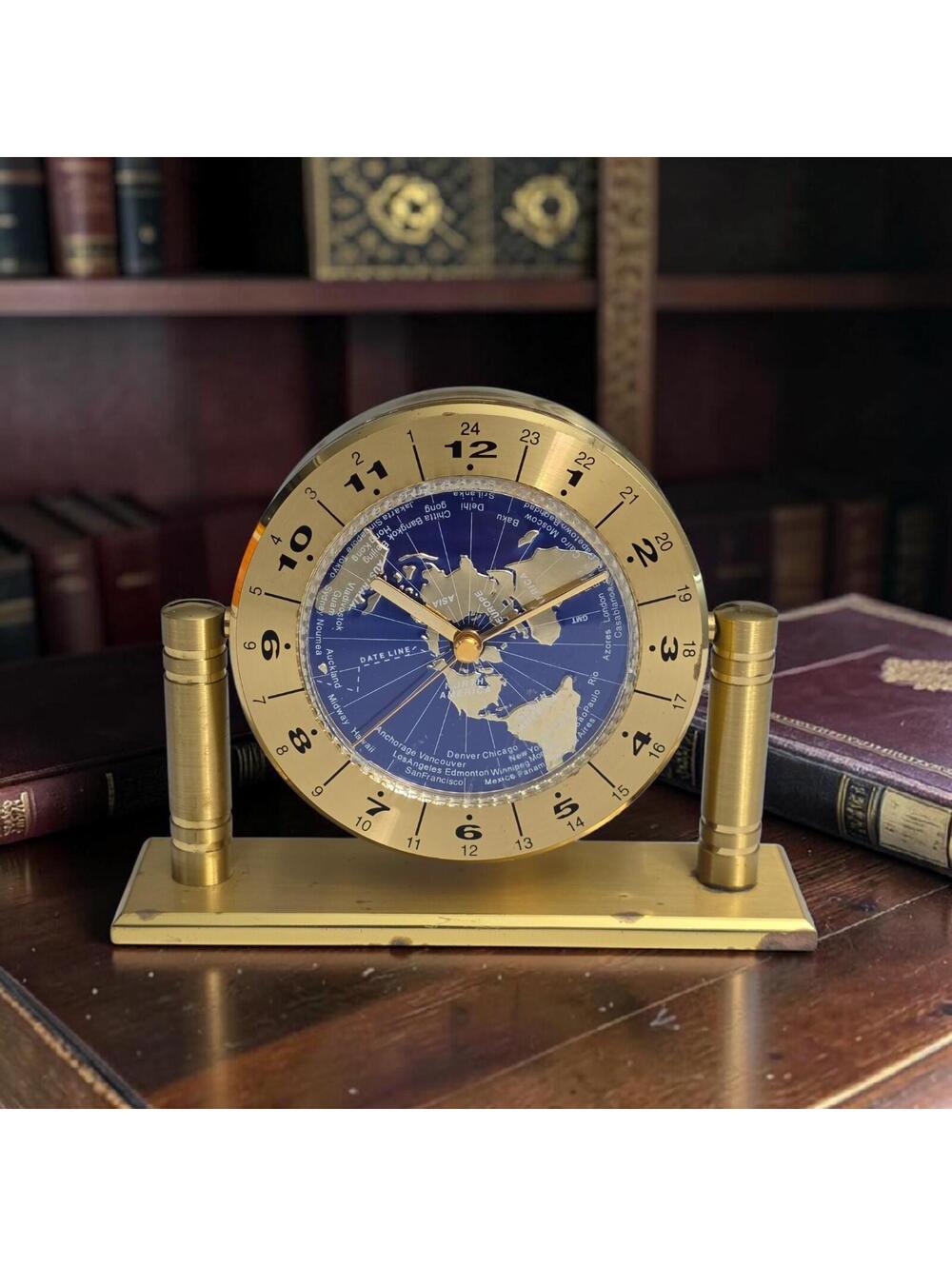 Vintage Brass World Time Desk Clock Rotating Globe Mid Century Decor Gold Tone